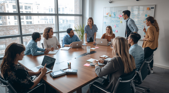 Team collaborating and discussing ideas during a business meeting in a conference room.