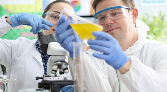 Scientists examining a yellow liquid sample in a laboratory while working with a microscope.