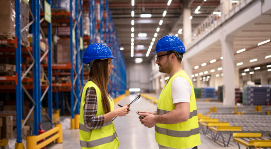 Two warehouse workers in safety vests and helmets discussing tasks in a storage facility.