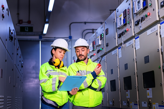 Workplace safety professionals assessing electrical panels for risk management