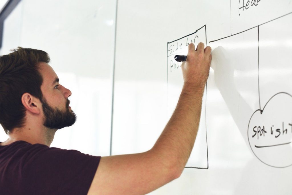 Man writing ideas and diagrams on a whiteboard during a planning session.
