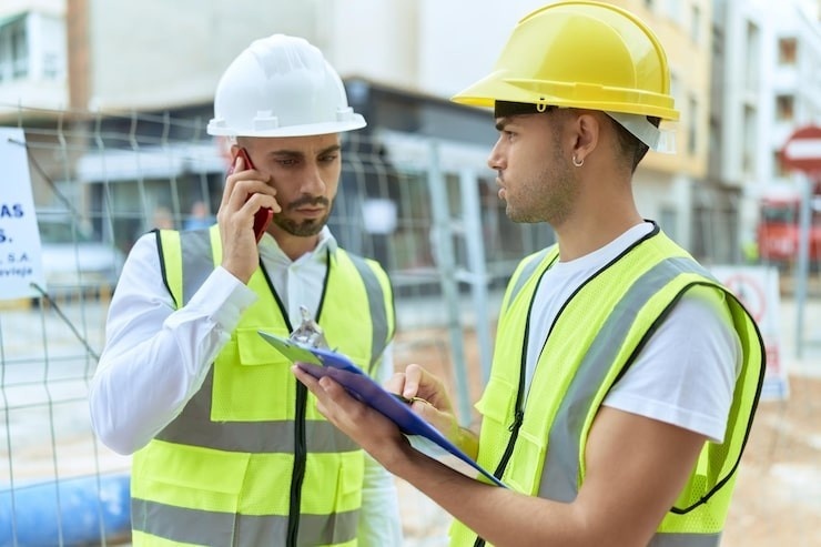 Health and safety workers reviewing workplace risks at a construction site